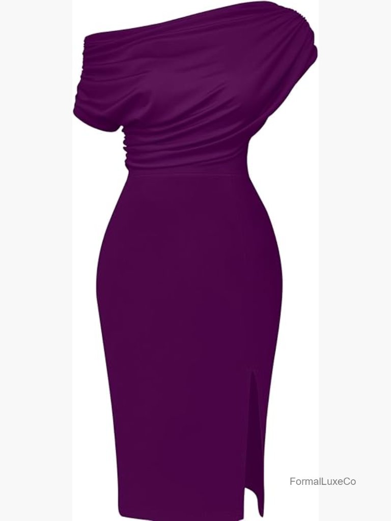 Off Shoulder Bodycon Midi Dress Ruched Split Hem Party Club Formal